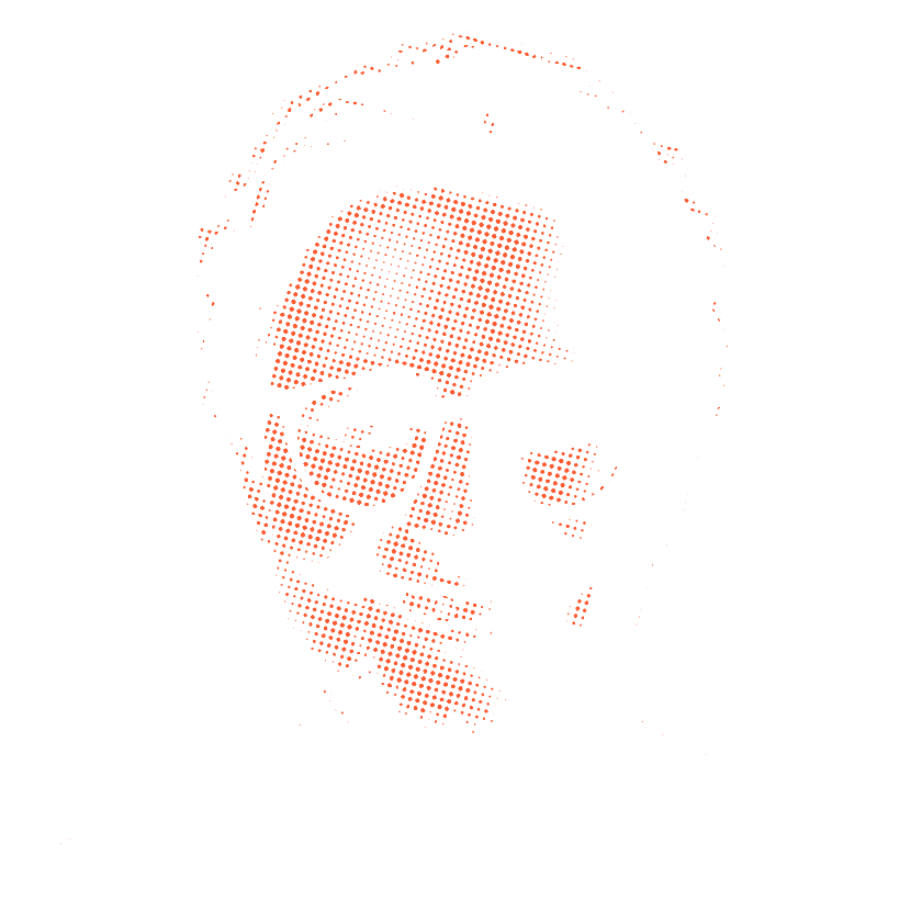 Thomas Keller, smiling, printed as a two-ink halftone