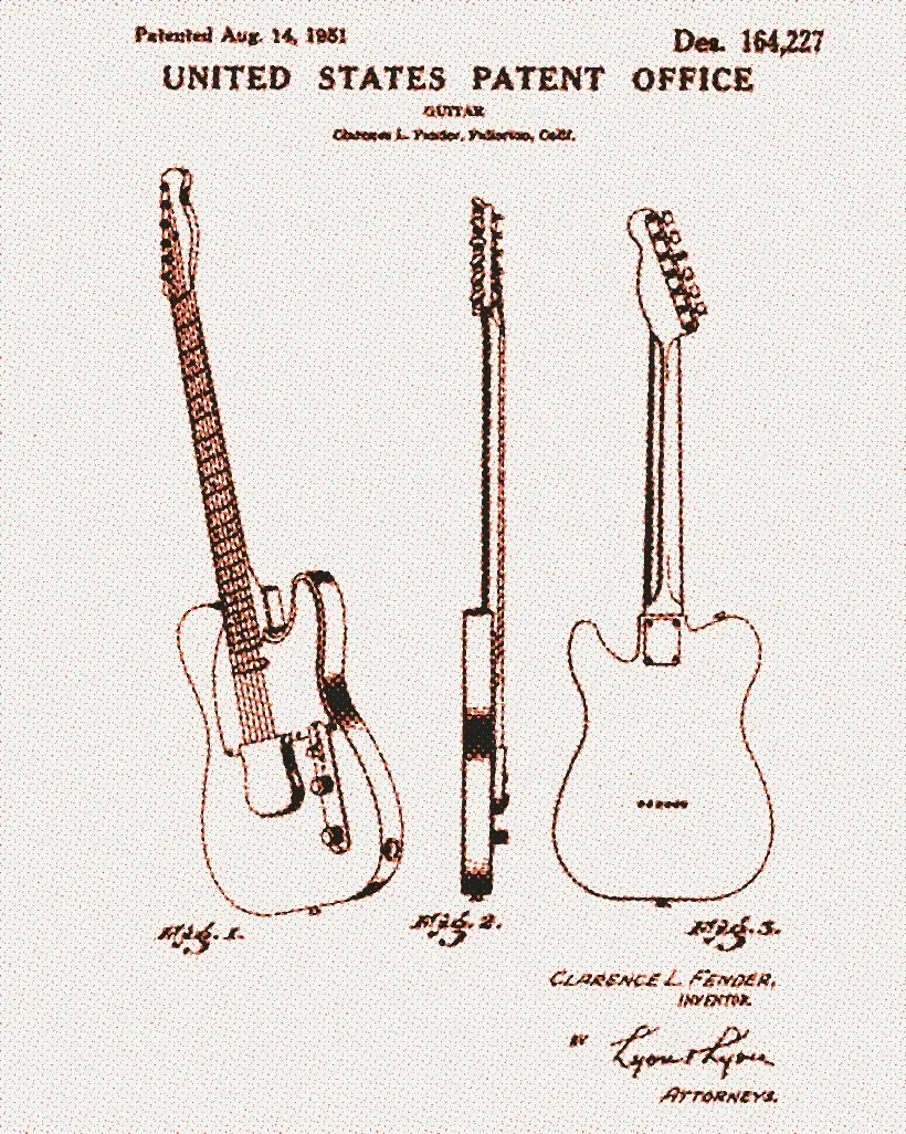 Clarence L. Fender's 1951 US design patent drawing of the Telecaster guitar: front, side and back views