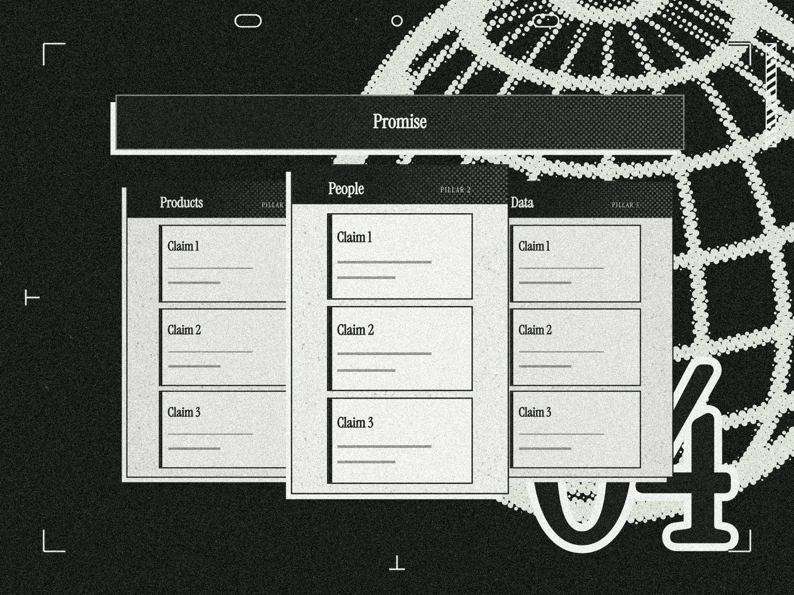 One promise bar over three overlapping pillars, products, people and data, with people in front, over a pale sage wire globe in halftone
