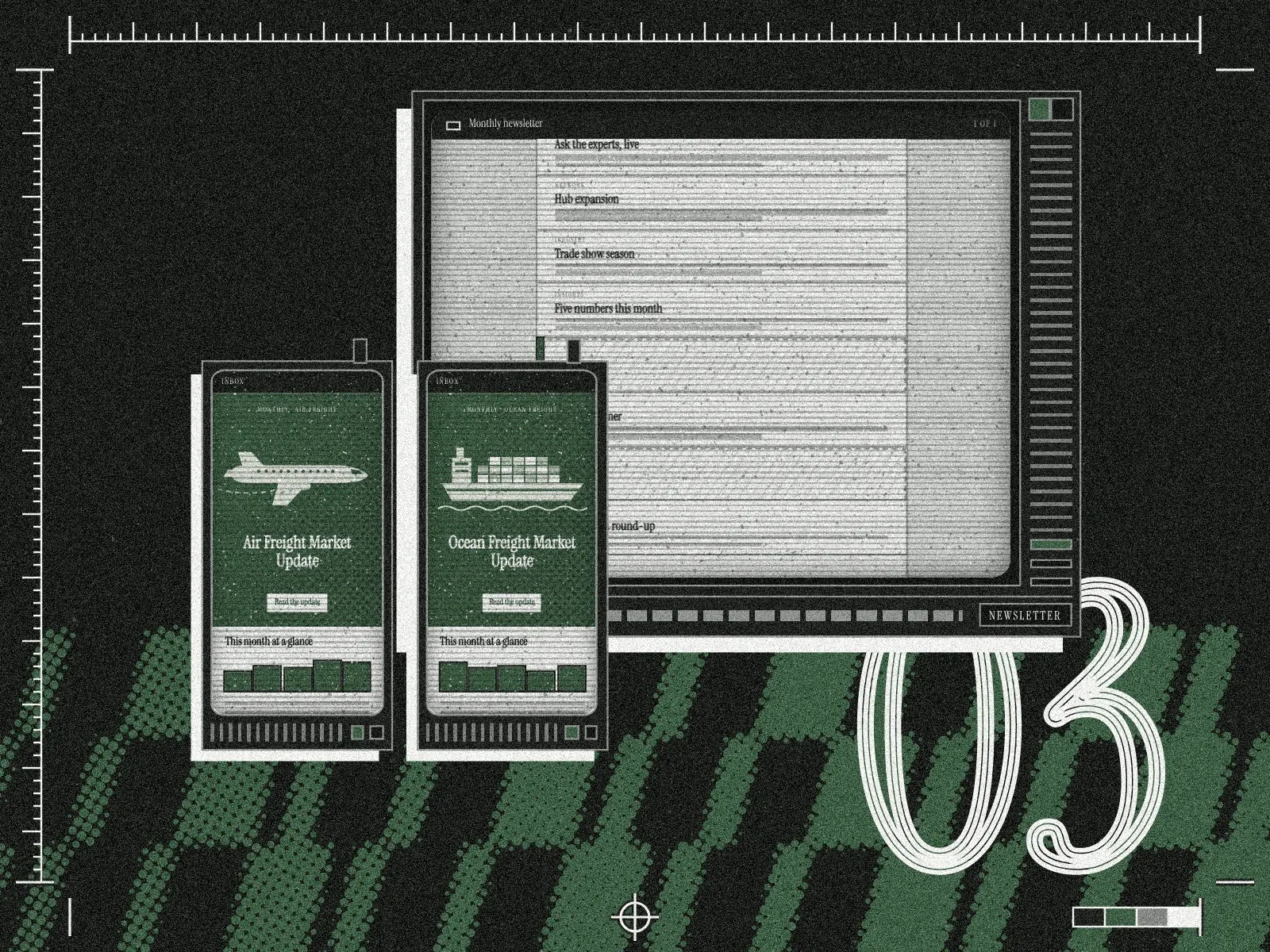 Two handhelds, an air freight update with an aircraft and an ocean freight update with a container ship, beside a retro terminal showing a long text-only newsletter, over a dark sage halftone