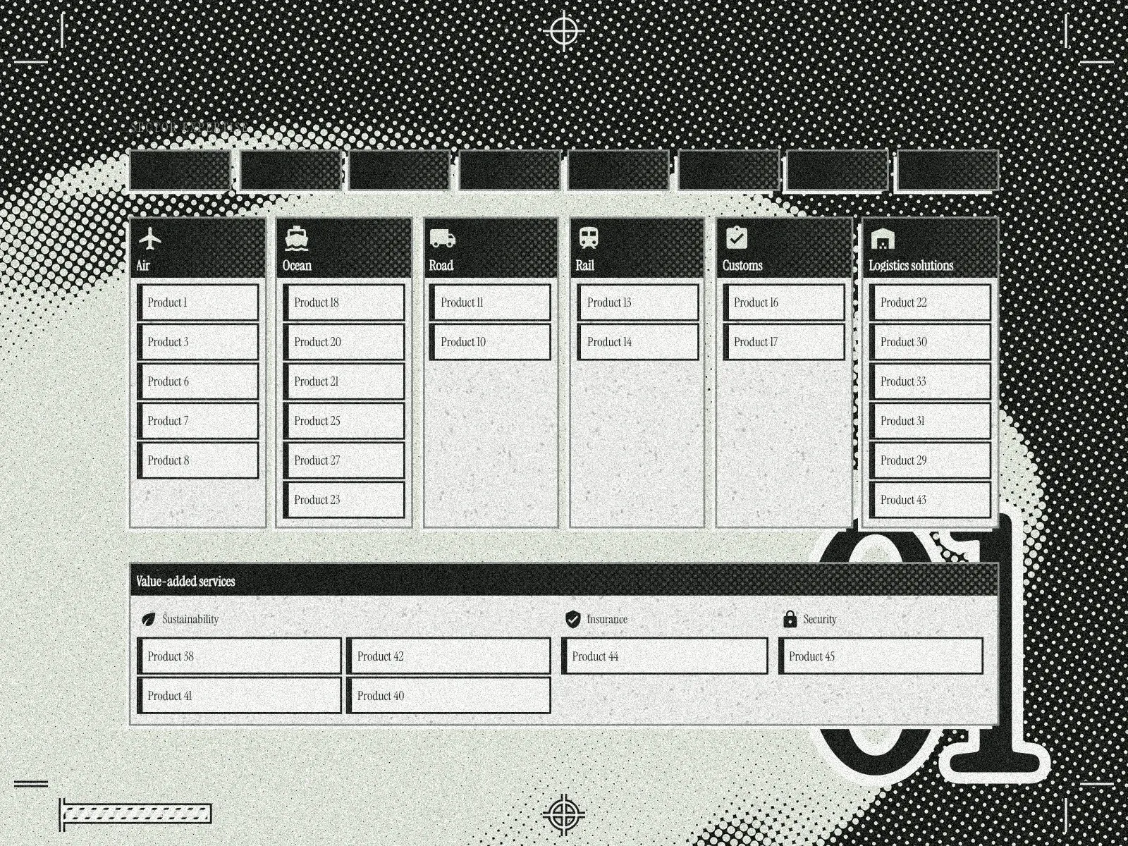 Six product columns under a band of sector tags, with a value-added services row beneath, over a pale sage halftone