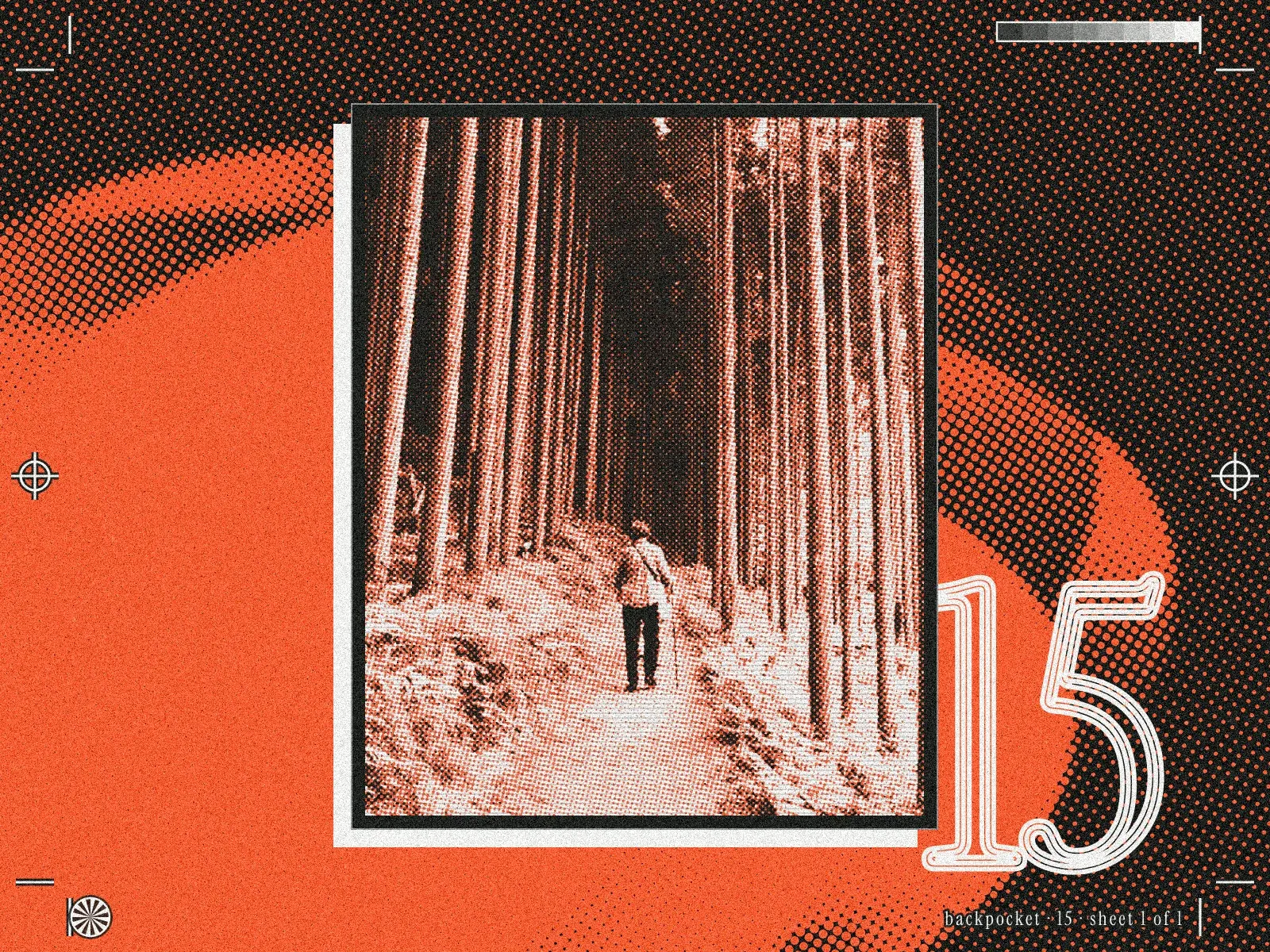A walker seen from behind on a path between tall cedar trunks, printed as an orange and charcoal halftone on a paper sheet, over an orange halftone