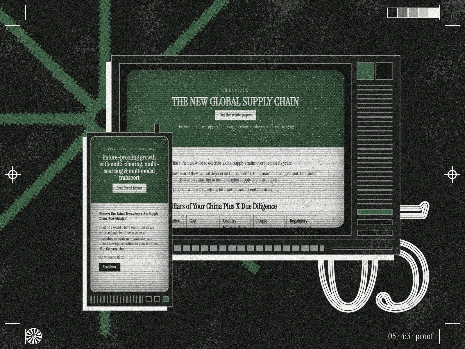 A landing page and an email shown on a retro terminal and handheld, over a sage halftone