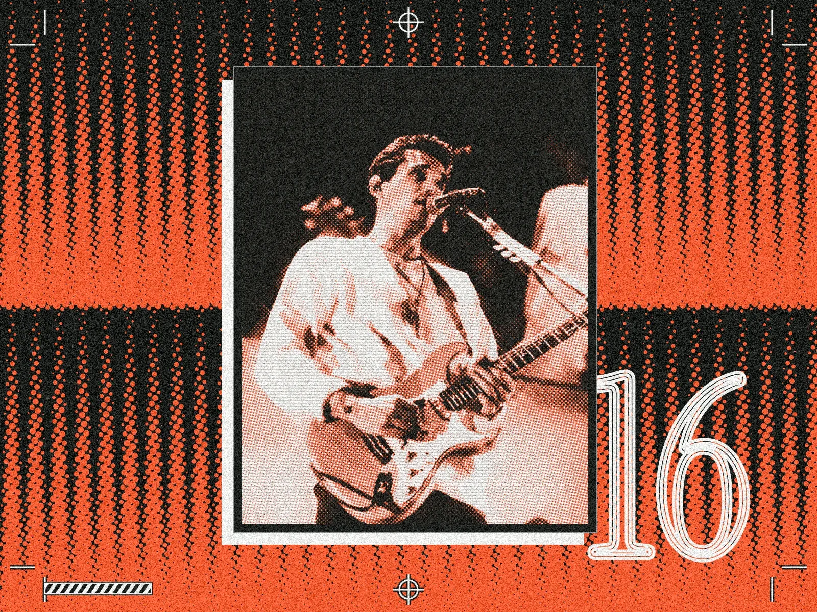 A guitarist singing at a microphone on stage, printed as an orange and charcoal halftone on a paper sheet, over an orange halftone